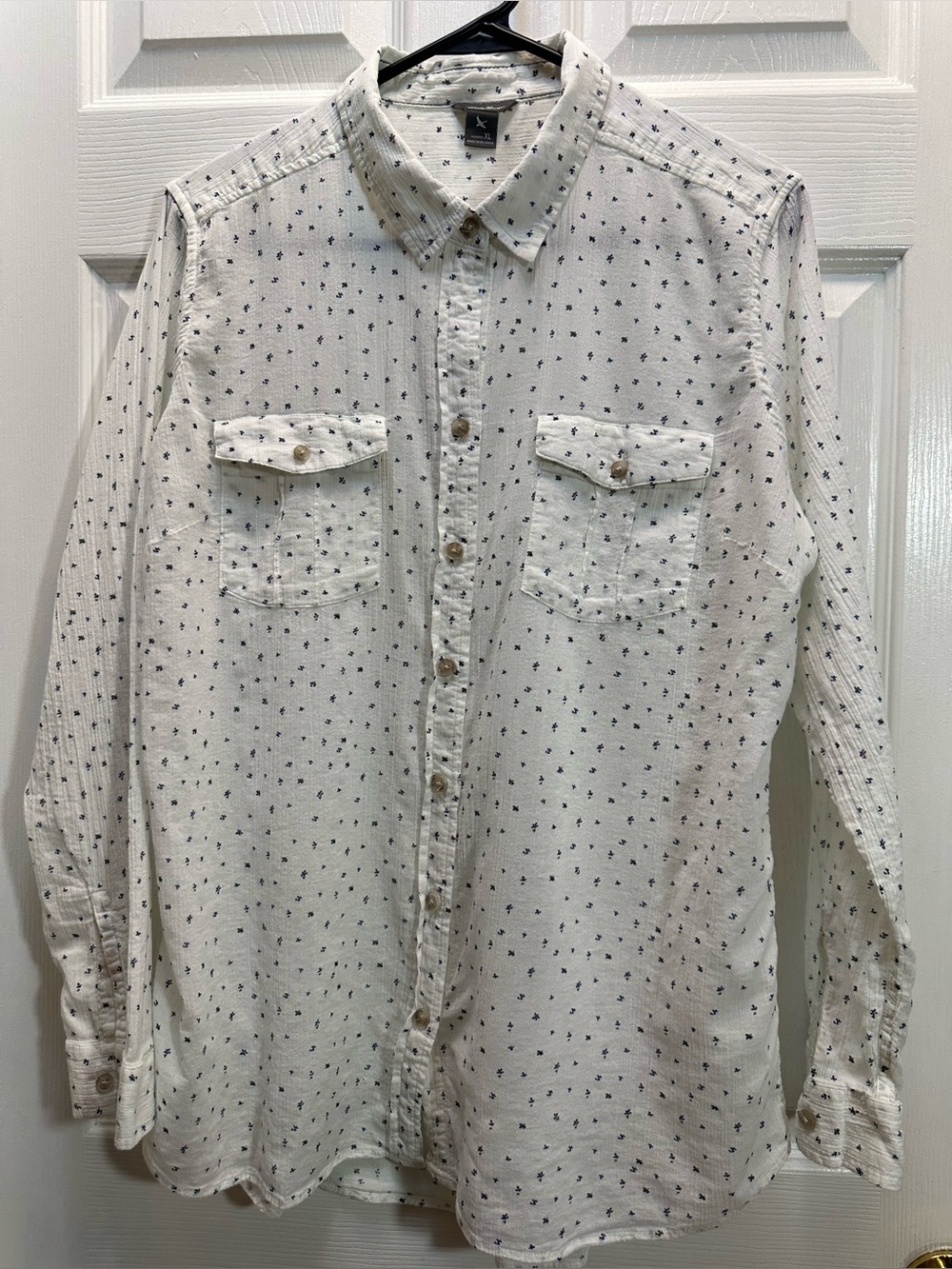Eddie Bauer White Long-Sleeve Button-Down with Navy Micro Print